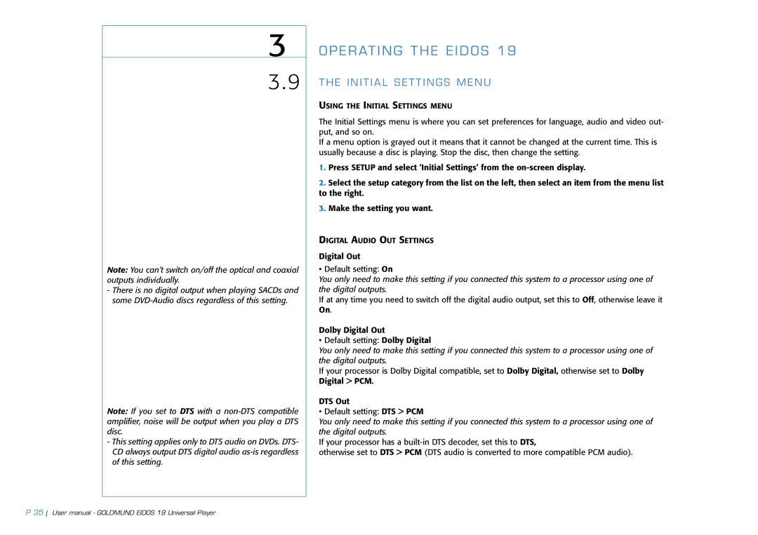 Goldmund 19 user manual Initial Settings Menu 