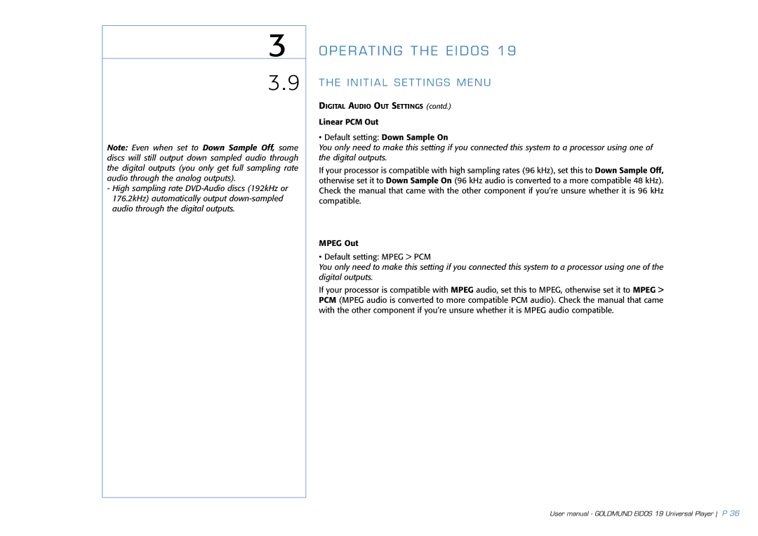 Goldmund 19 user manual Linear PCM Out Default setting Down Sample On 