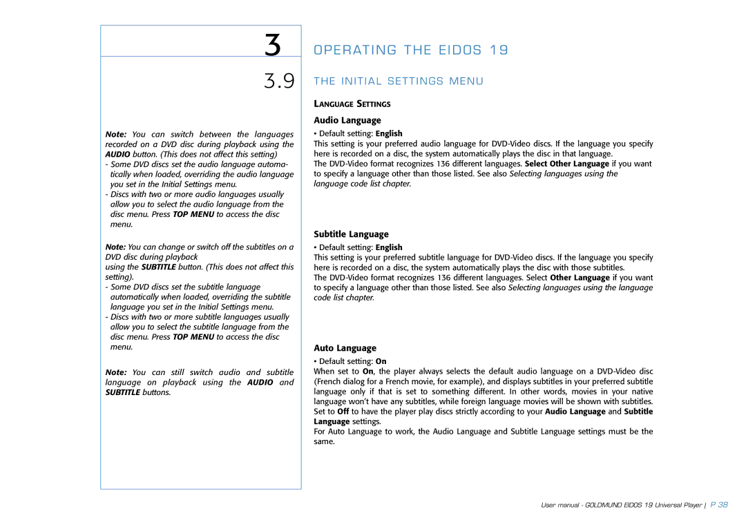 Goldmund 19 user manual Audio Language, Subtitle Language, Auto Language 