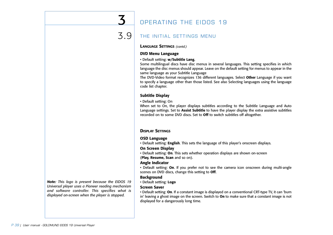 Goldmund 19 user manual DVD Menu Language, Subtitle Display, OSD Language, On Screen Display, Angle Indicator, Background 