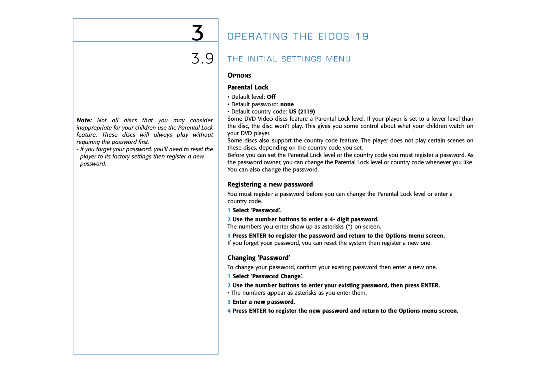 Goldmund 19 user manual Parental Lock, Registering a new password, Changing ‘Password’ 