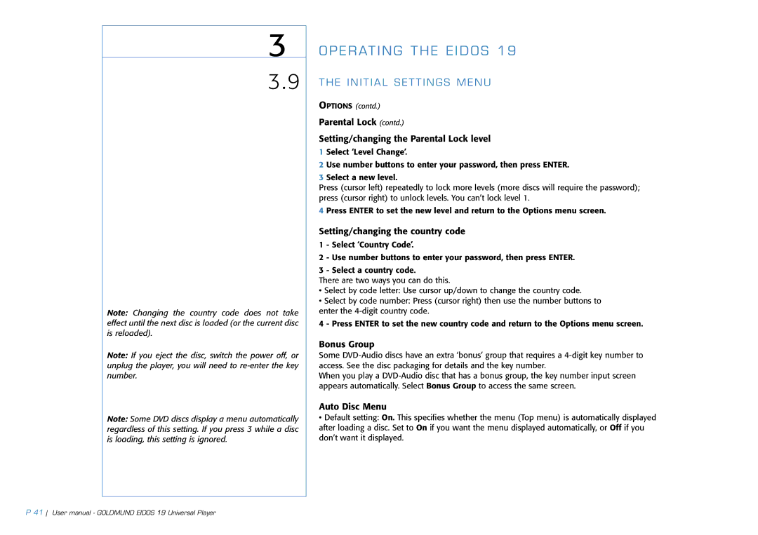 Goldmund 19 user manual Setting/changing the country code, Bonus Group, Auto Disc Menu 