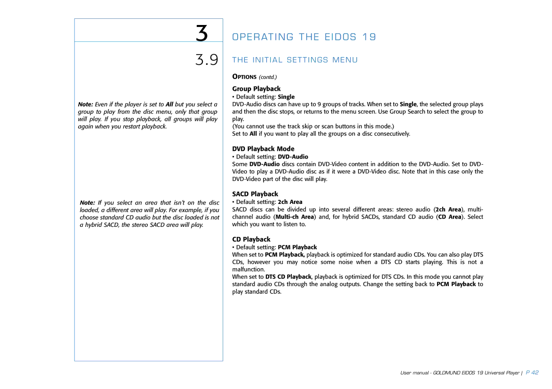 Goldmund 19 user manual Group Playback, DVD Playback Mode, Sacd Playback, CD Playback 