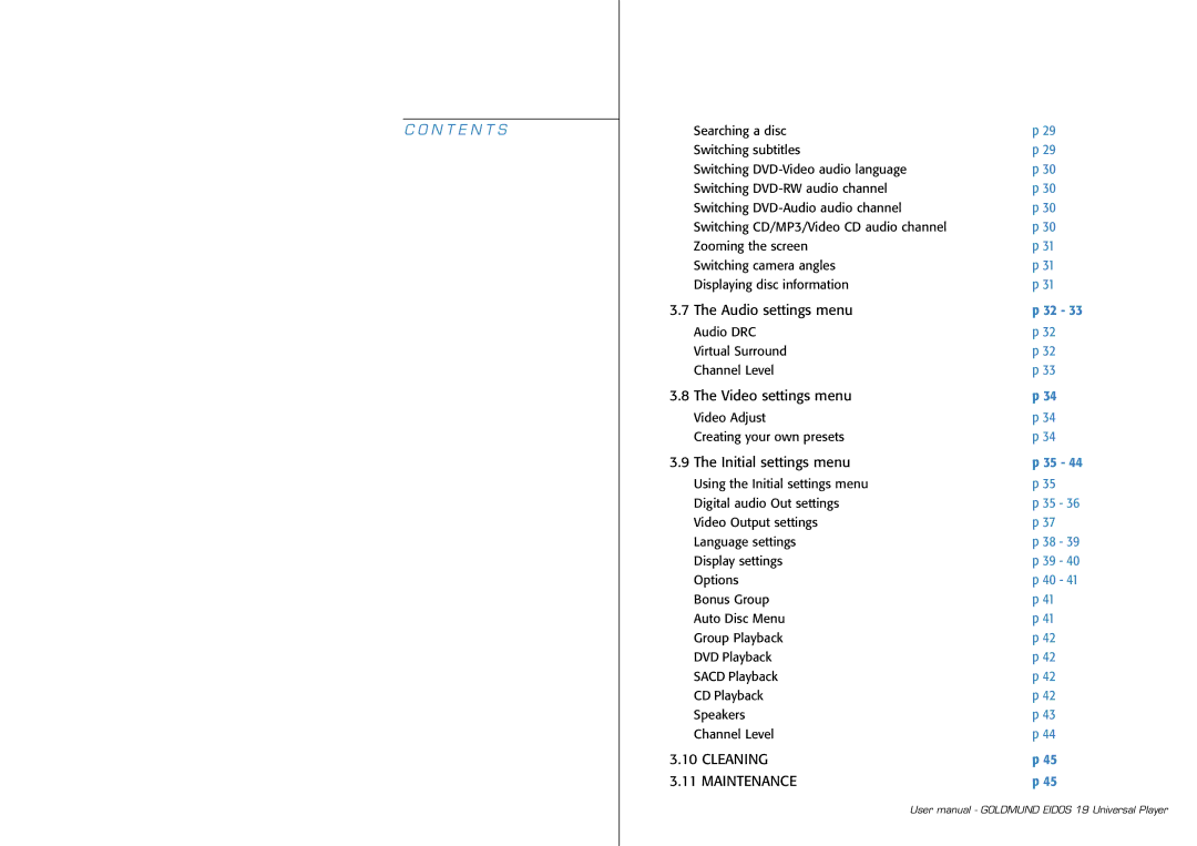 Goldmund 19 user manual Audio settings menu, Video settings menu, Initial settings menu 