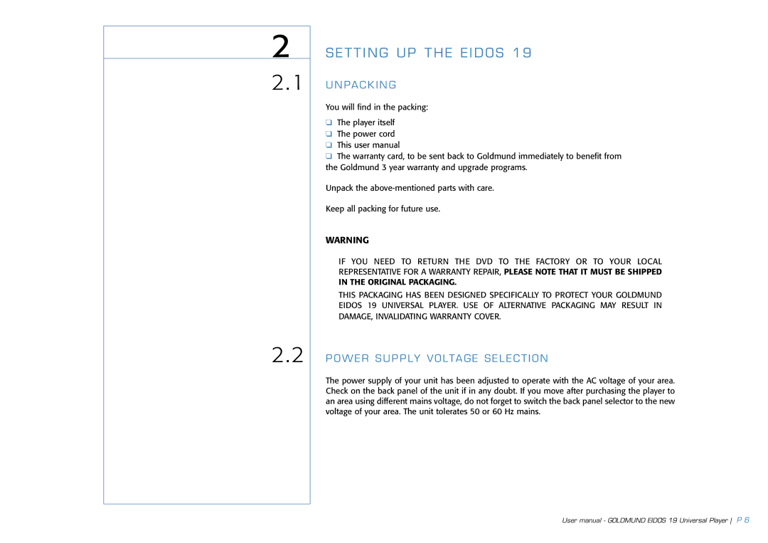 Goldmund 19 user manual Pa C K I N G, Power Supply Voltage Selection 