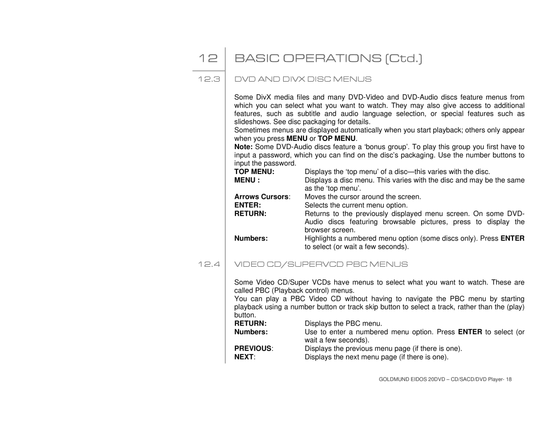 Goldmund 20DVD user manual DVD and Divx Disc Menus, Video CD/SUPERVCD PBC Menus, TOP Menu, Enter Return, Previous Next 