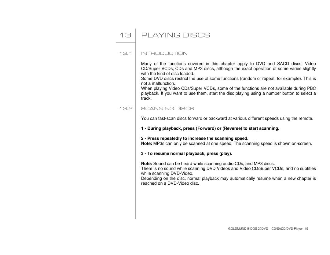 Goldmund 20DVD user manual Playing Discs, Introduction, Scanning Discs 