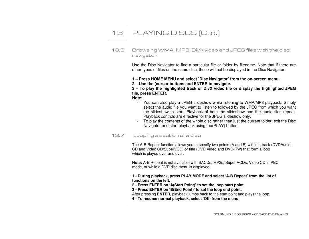 Goldmund 20DVD user manual 13.6 13.7 
