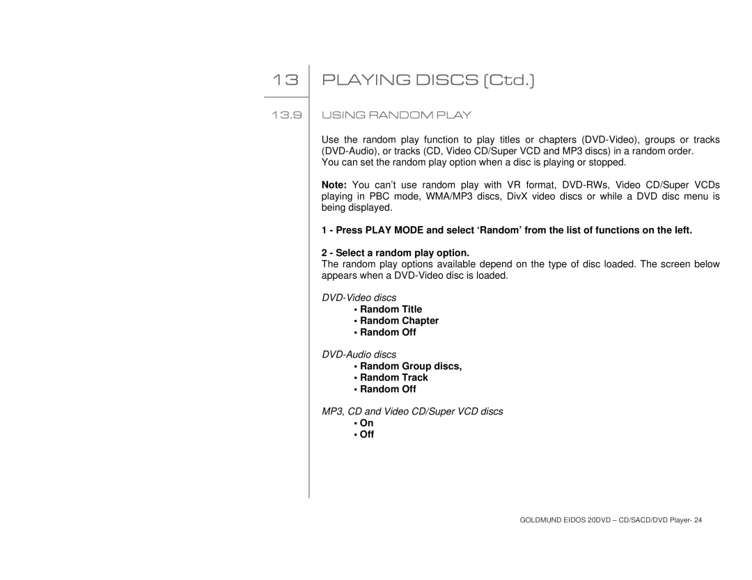 Goldmund 20DVD user manual Using Random Play 