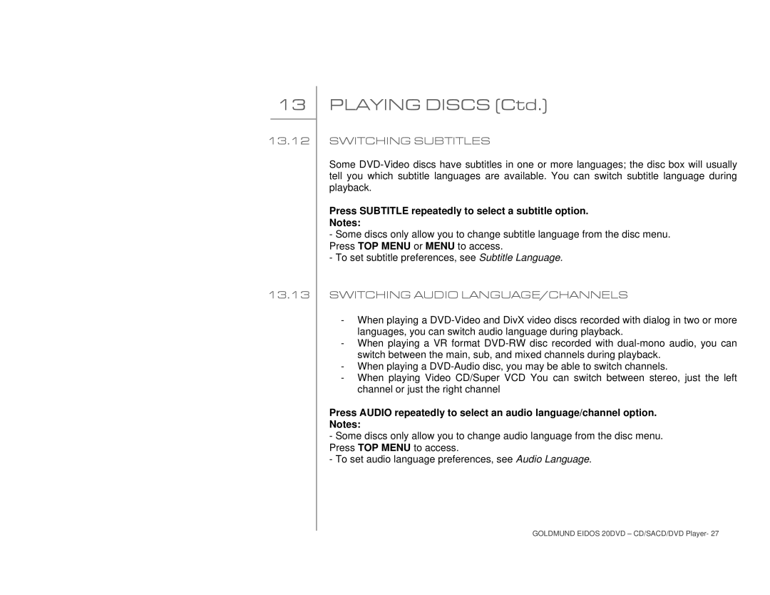 Goldmund 20DVD user manual Switching Subtitles, Switching Audio LANGUAGE/CHANNELS 