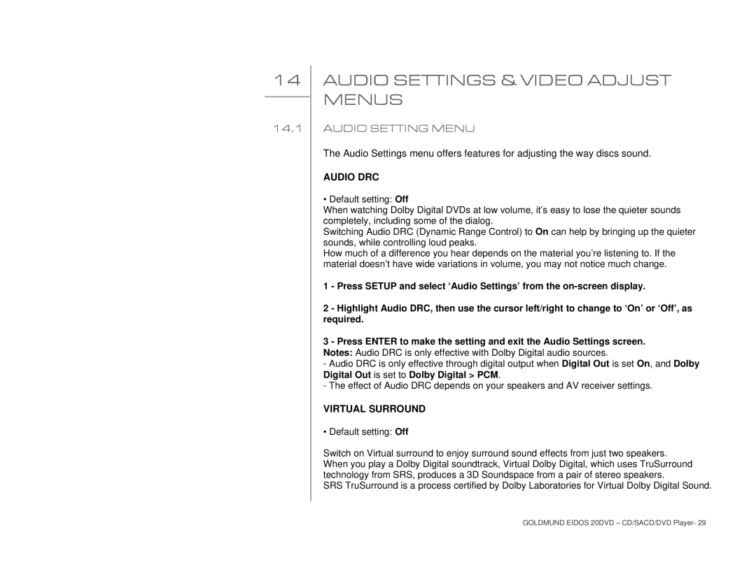 Goldmund 20DVD user manual Audio Settings & Video Adjust Menus, Audio Setting Menu, Audio DRC, Virtual Surround 
