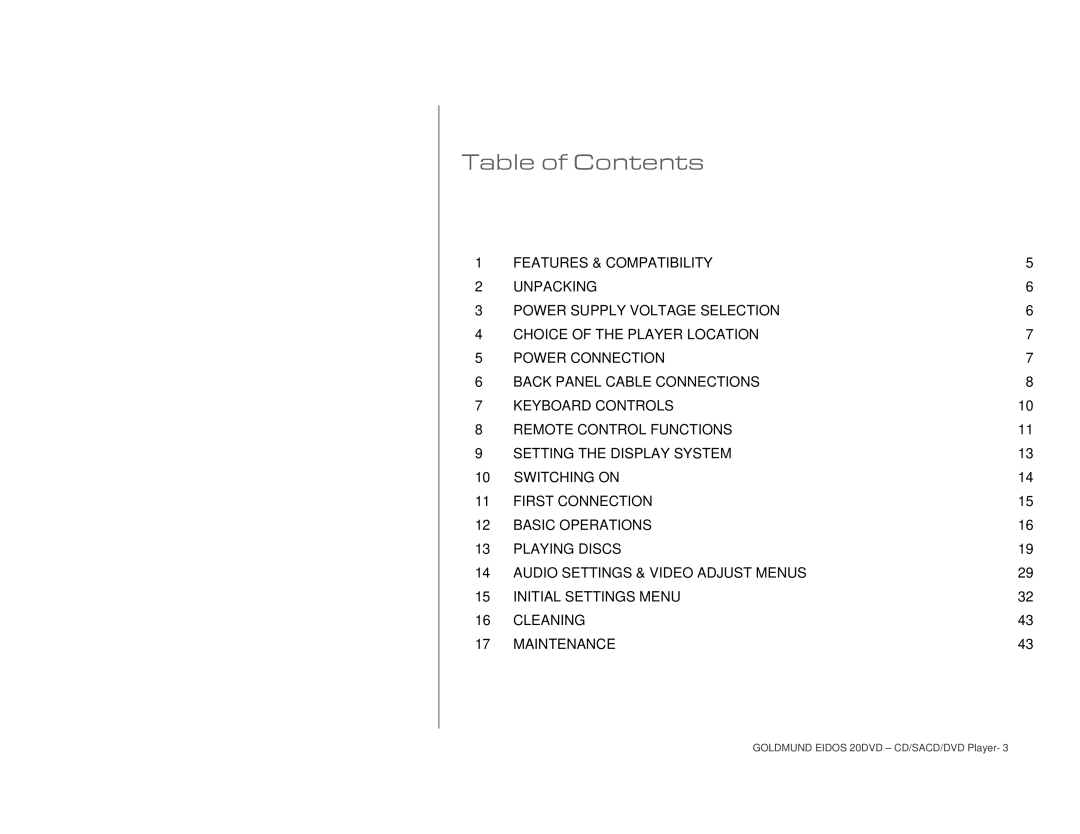 Goldmund 20DVD user manual Table of Contents 