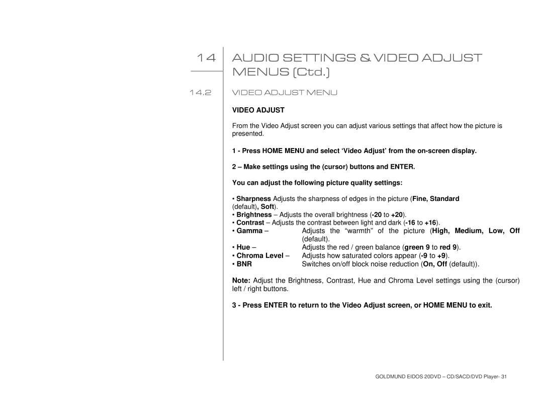 Goldmund 20DVD user manual Video Adjust Menu, Bnr 