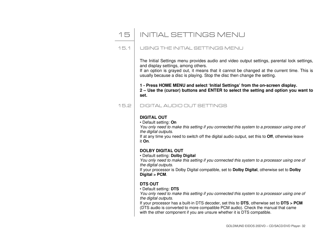 Goldmund 20DVD user manual Using the Initial Settings Menu, Digital Audio OUT Settings 