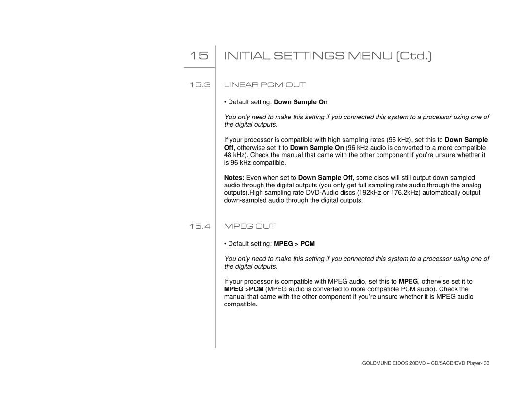 Goldmund 20DVD user manual Initial Settings Menu Ctd, Linear PCM OUT, Mpeg OUT 