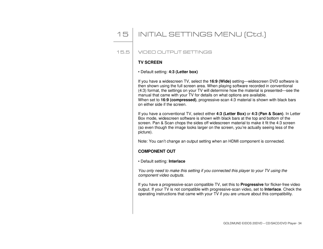 Goldmund 20DVD user manual Video Output Settings, TV Screen, Component OUT 