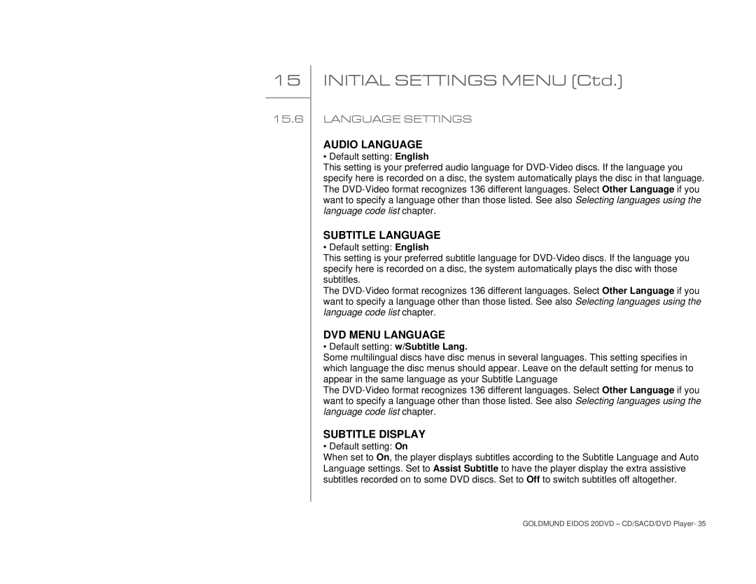 Goldmund 20DVD user manual Language Settings, Audio Language 