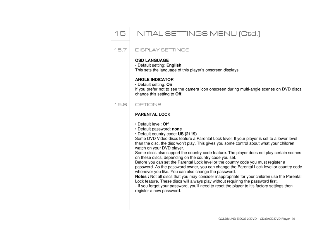 Goldmund 20DVD user manual Display Settings, Options, OSD Language, Angle Indicator, Parental Lock 