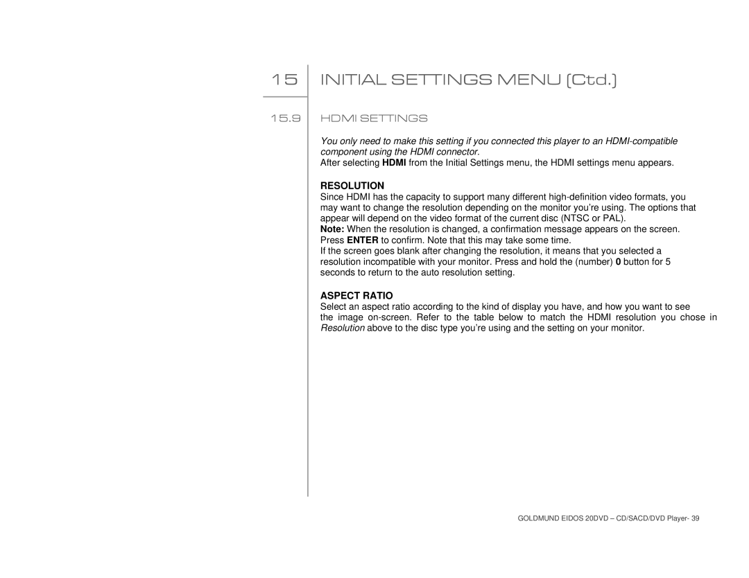 Goldmund 20DVD user manual Hdmi Settings, Resolution, Aspect Ratio 