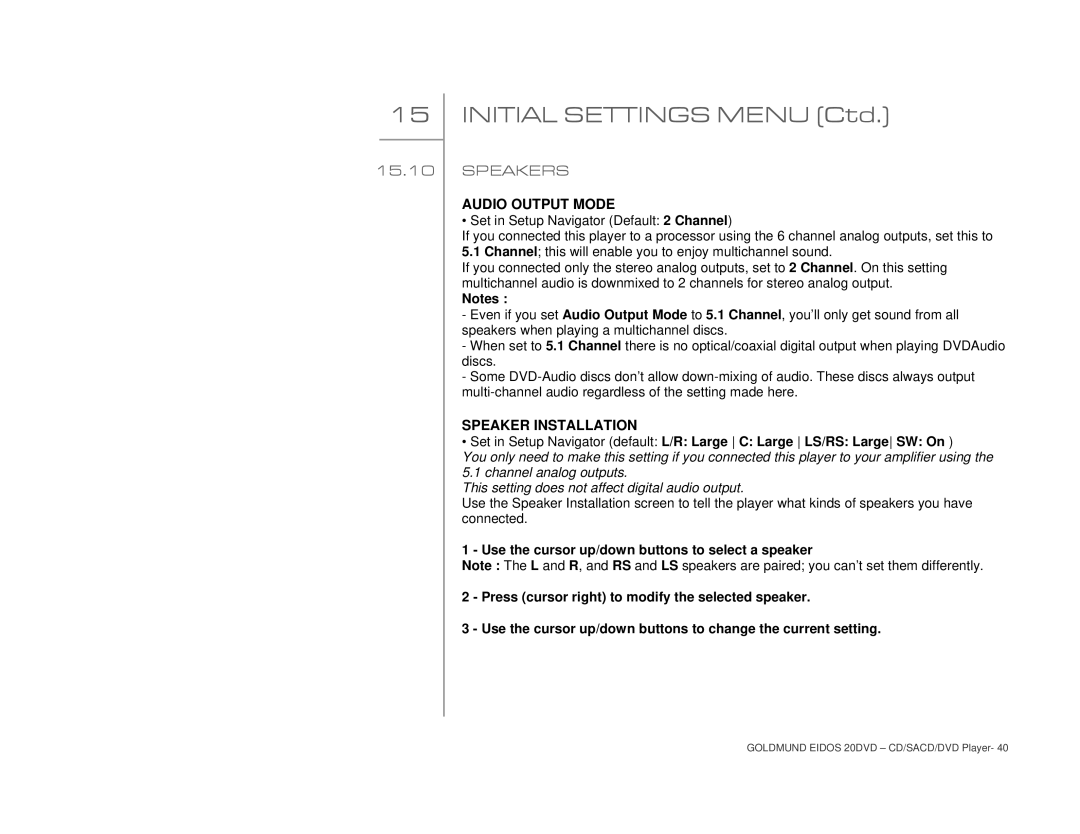 Goldmund 20DVD user manual Speakers, Audio Output Mode, Speaker Installation 