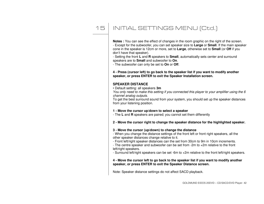 Goldmund 20DVD user manual Initial Settings Menu Ctd 