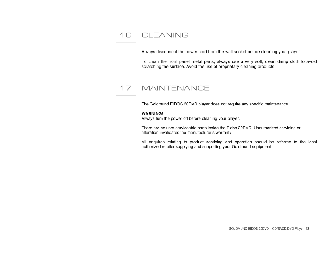 Goldmund 20DVD user manual Cleaning, Maintenance 