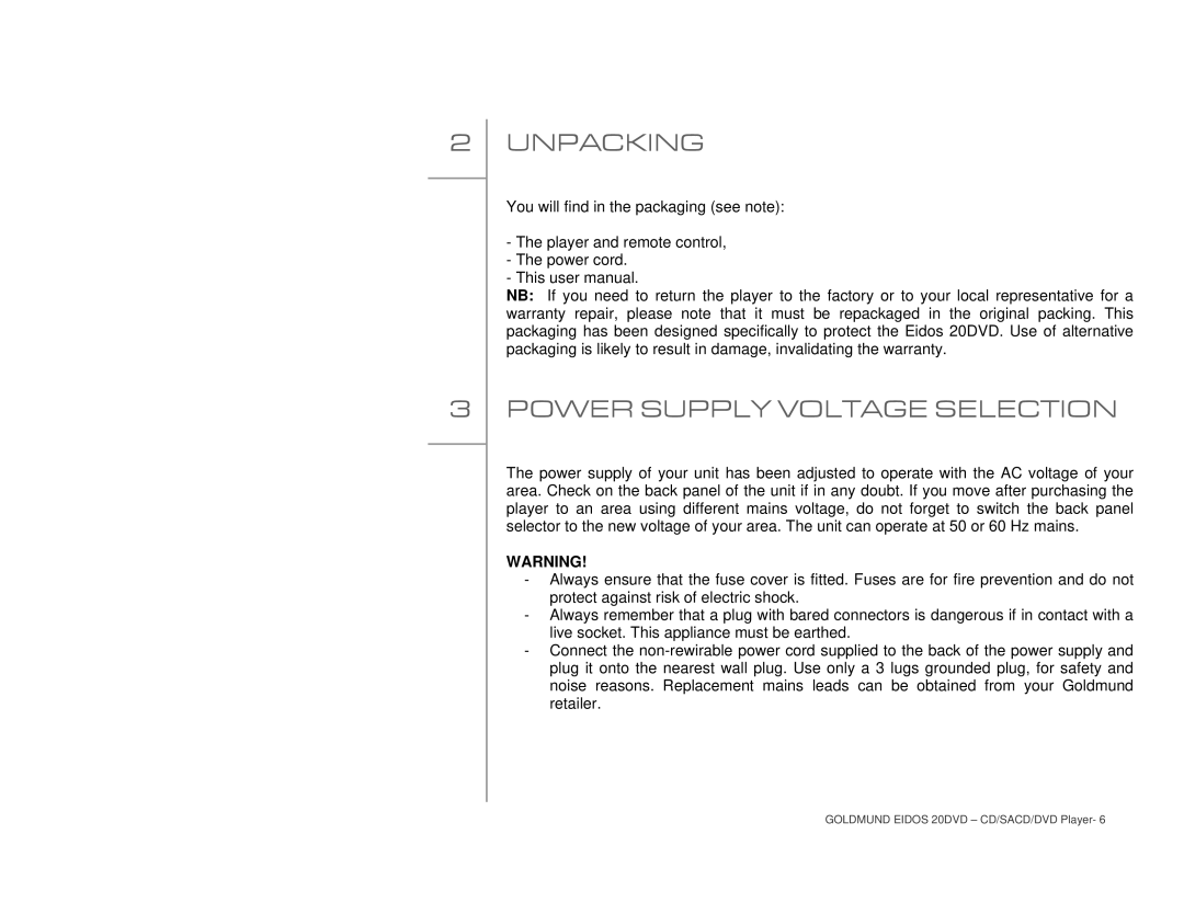 Goldmund 20DVD user manual Unpacking, Power Supply Voltage Selection 