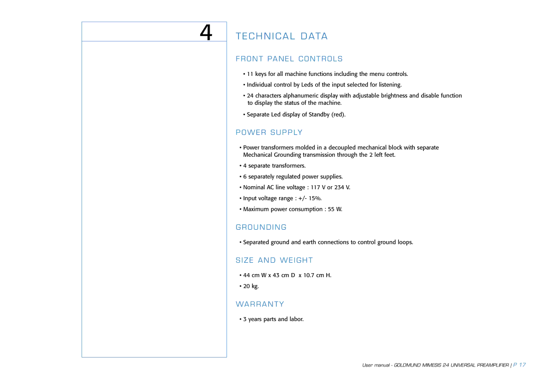 Goldmund 24 user manual Front Panel Controls, Grounding, Size and Weight, Warranty 