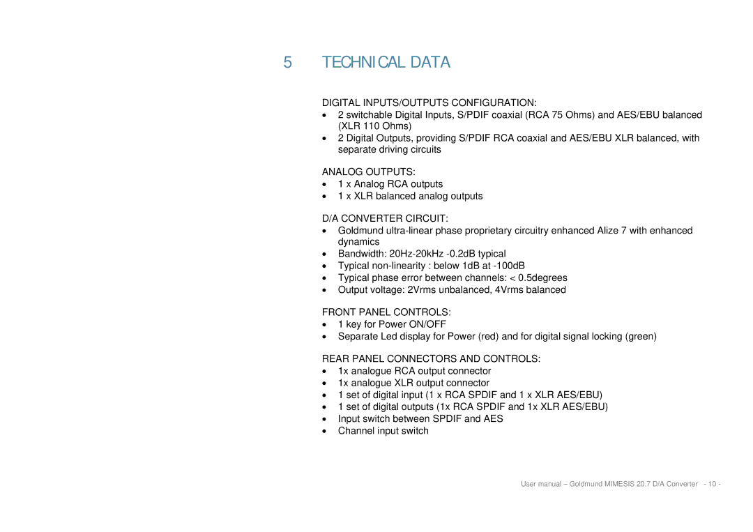 Goldmund MIMESIS 20.7 user manual Technical Data, Digital INPUTS/OUTPUTS Configuration 