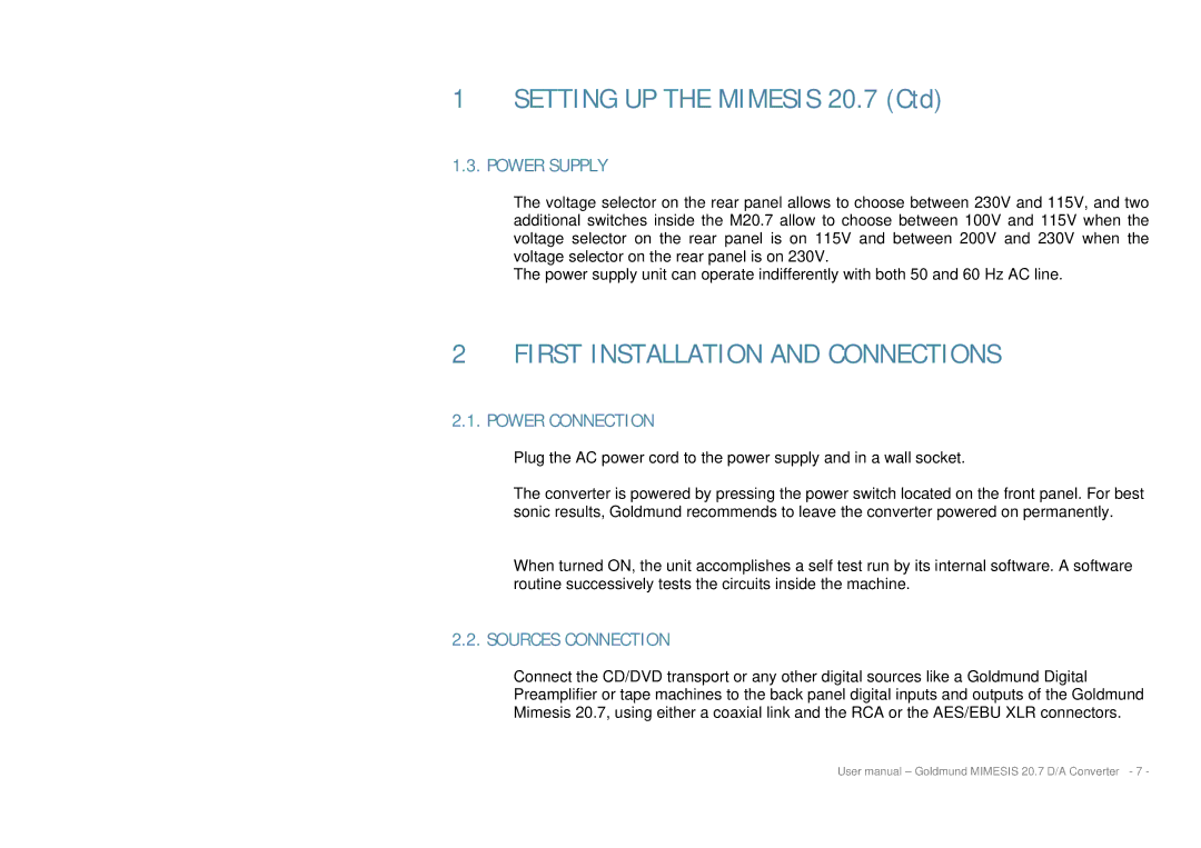 Goldmund MIMESIS 20.7 user manual First Installation and Connections, Power Connection, Sources Connection 