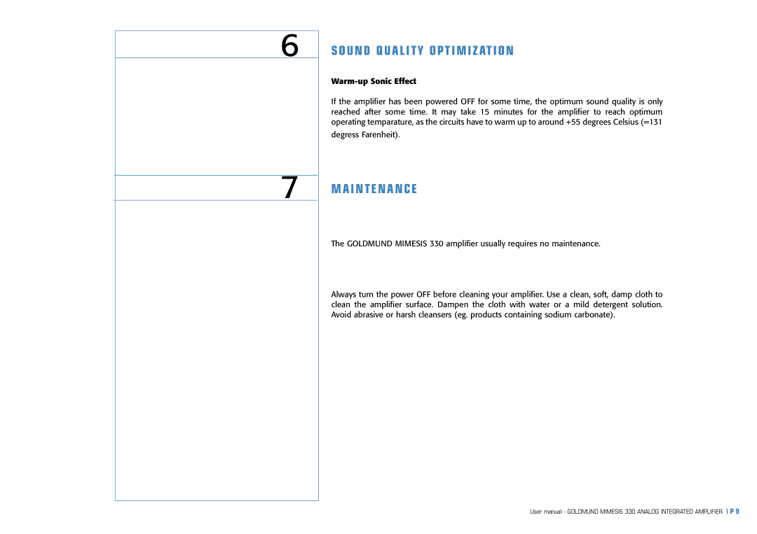 Goldmund MIMESIS 330 user manual Sound Quality Optimization, Maintenance 