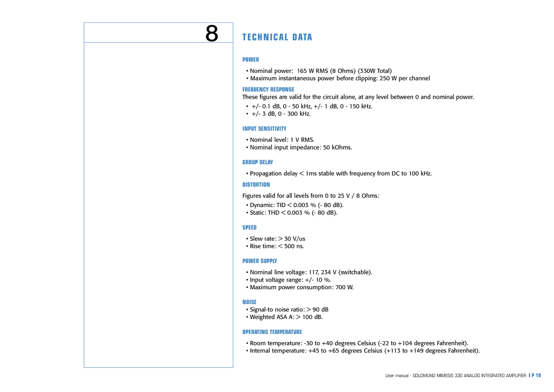 Goldmund MIMESIS 330 user manual Technical Data, Power 