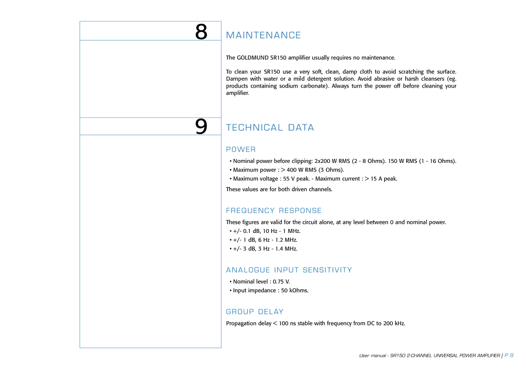 Goldmund SR150 user manual I N T E N a N C E, Technical Data 