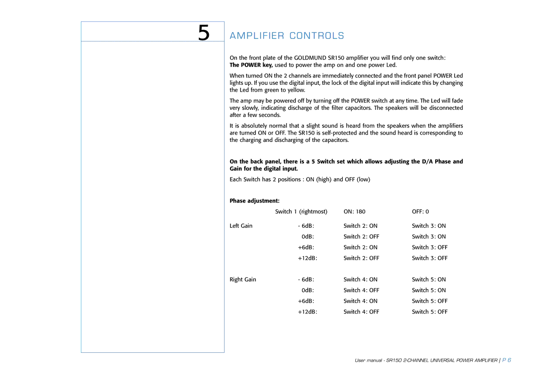 Goldmund SR150 user manual Amplifier Controls 