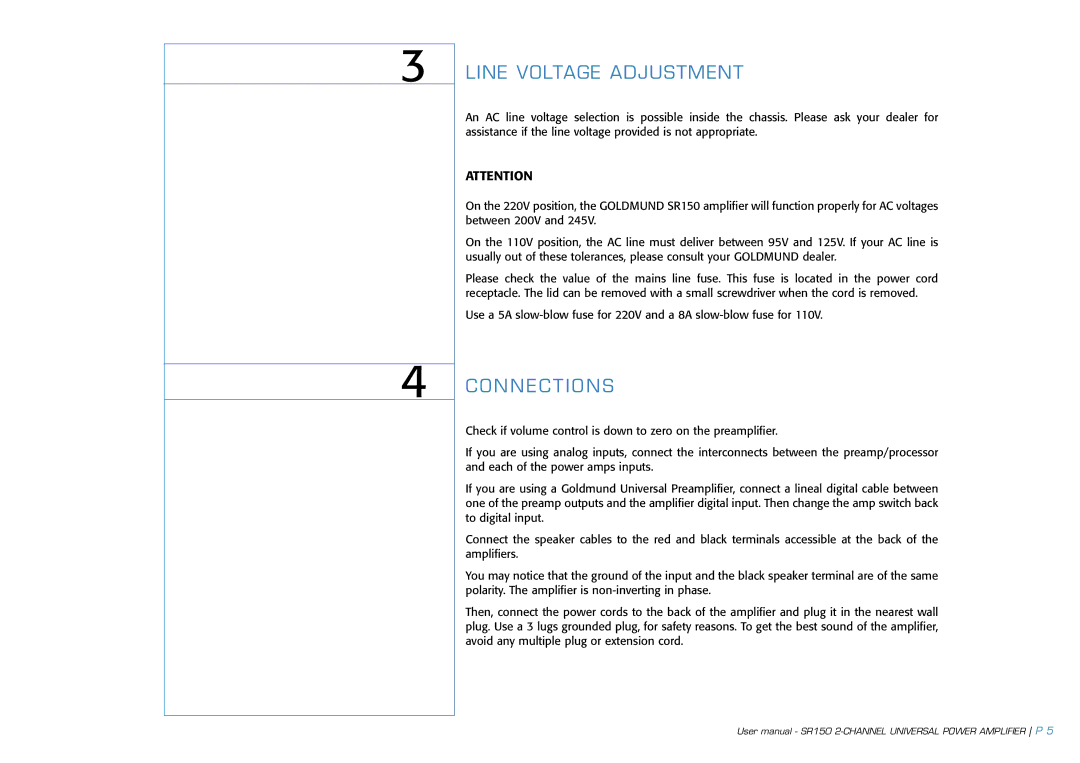 Goldmund SR150 user manual Line Voltage Adjustment, Connections 