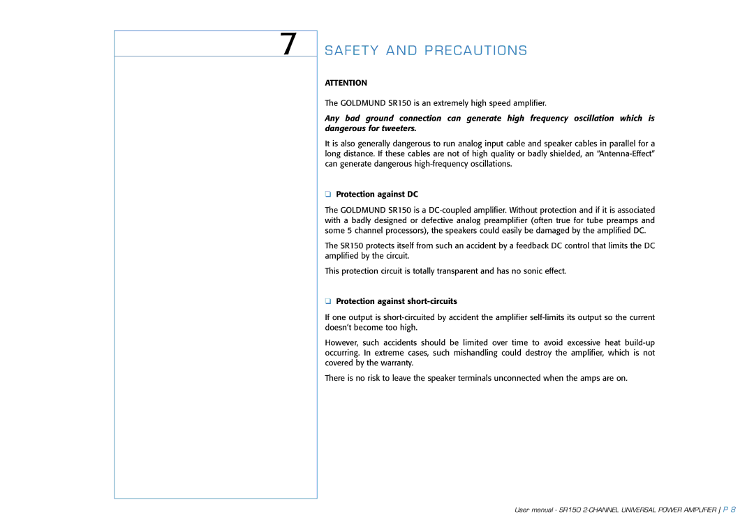 Goldmund SR150 user manual Safety and Precautions 