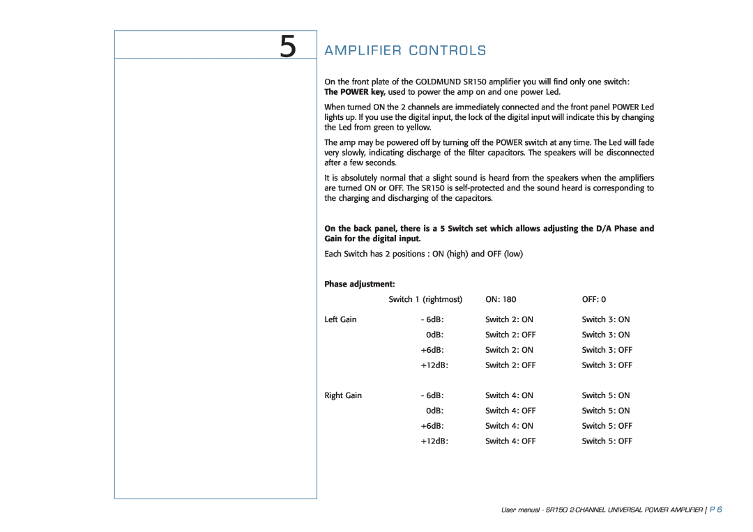 Goldmund SR150 user manual Amplifier Controls 