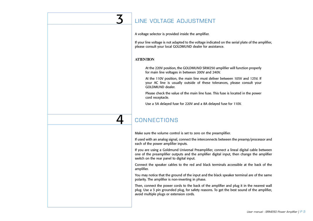 Goldmund SRM250 user manual Line Voltage Adjustment, Connections 