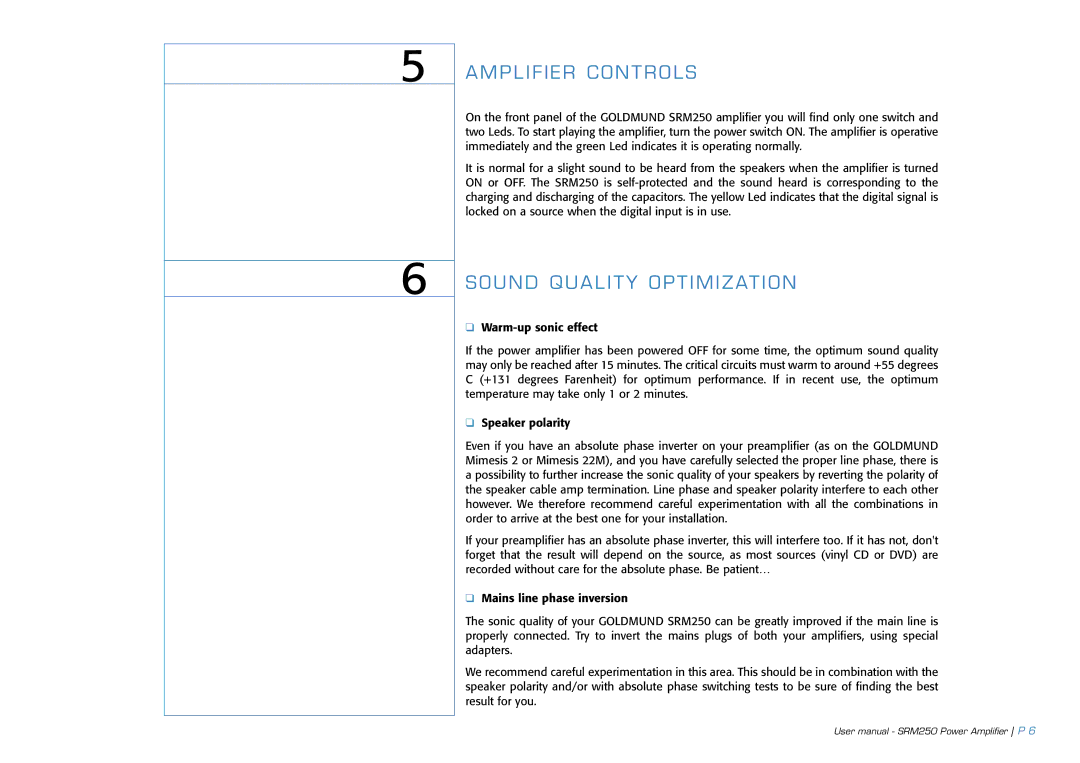 Goldmund SRM250 user manual Amplifier Controls, Sound Quality Optimization 