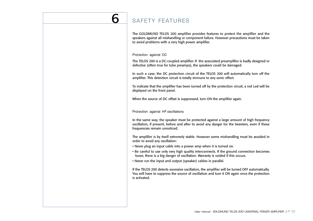 Goldmund TELOS 200 user manual A F E T Y F E At U R E S 