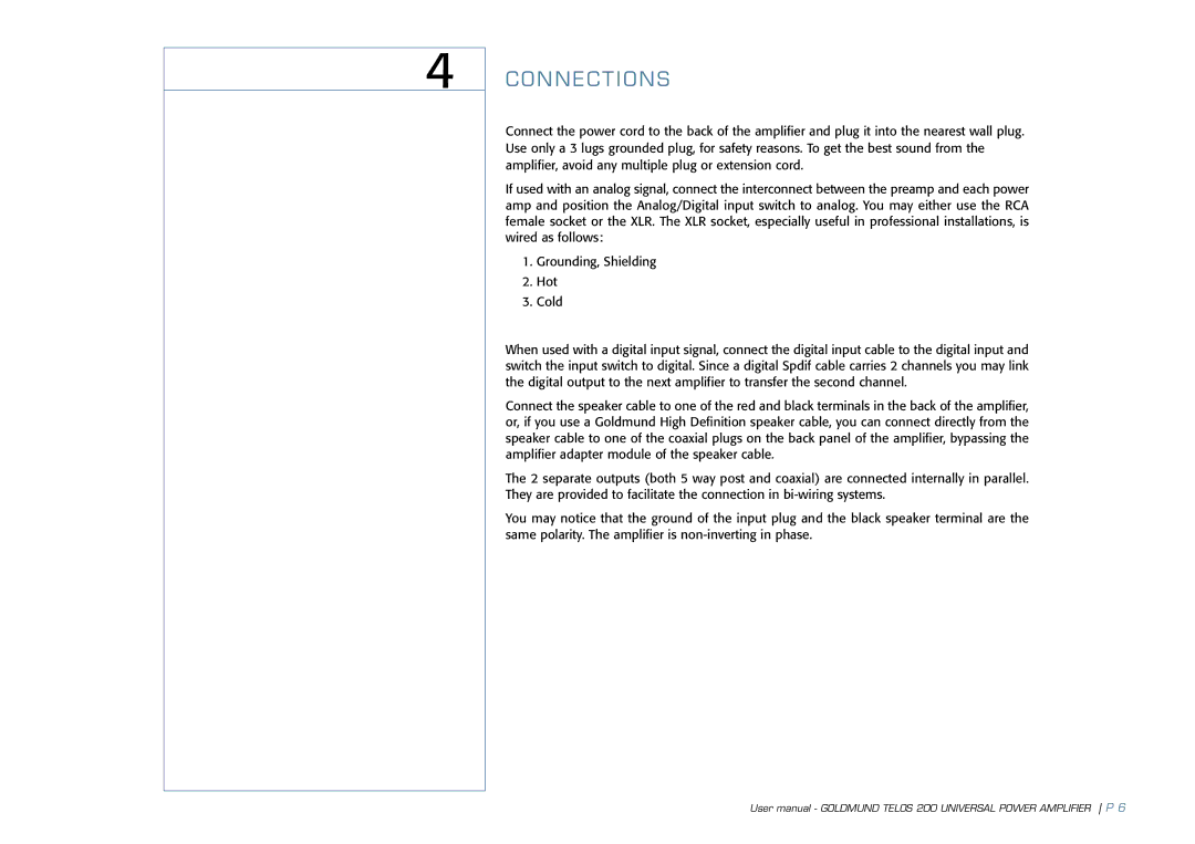 Goldmund TELOS 200 user manual O N N E C T I O N S 