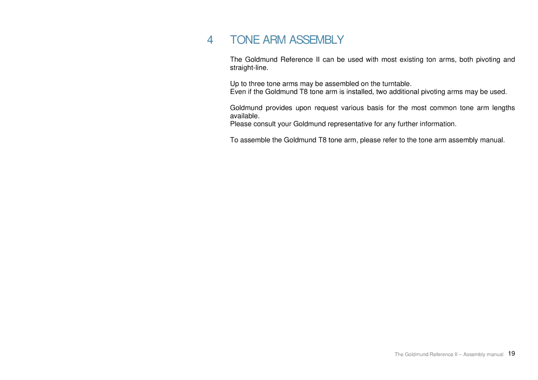 Goldmund Turntable user manual Tone ARM Assembly 