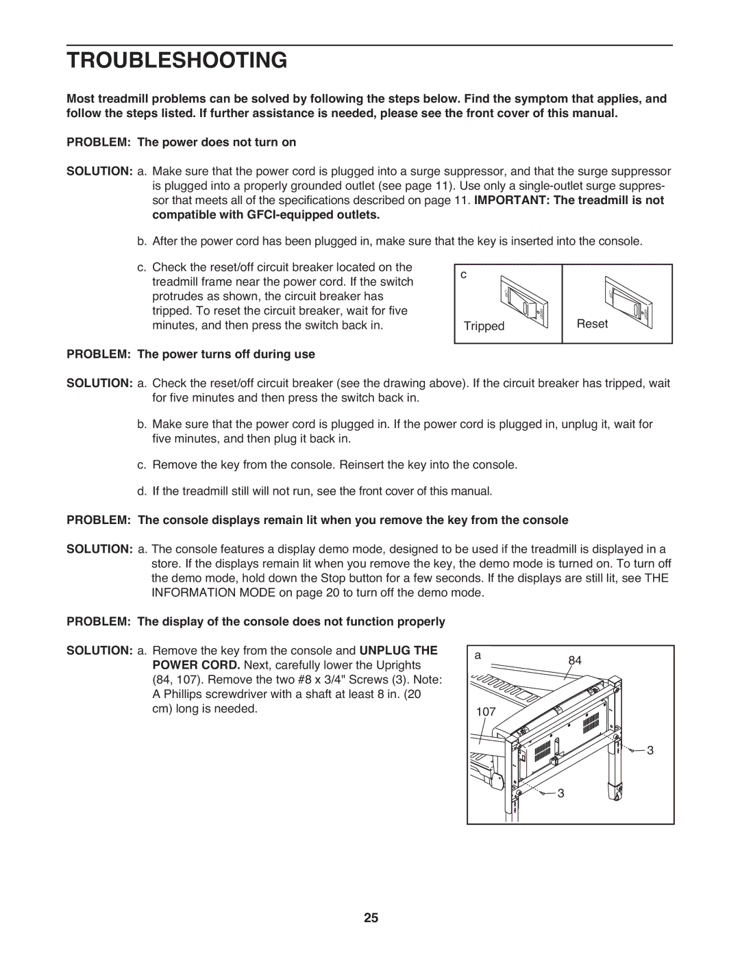 Gold's Gym 650 manual Troubleshooting, Compatible with GFCI-equipped outlets, Problem The power turns off during use 