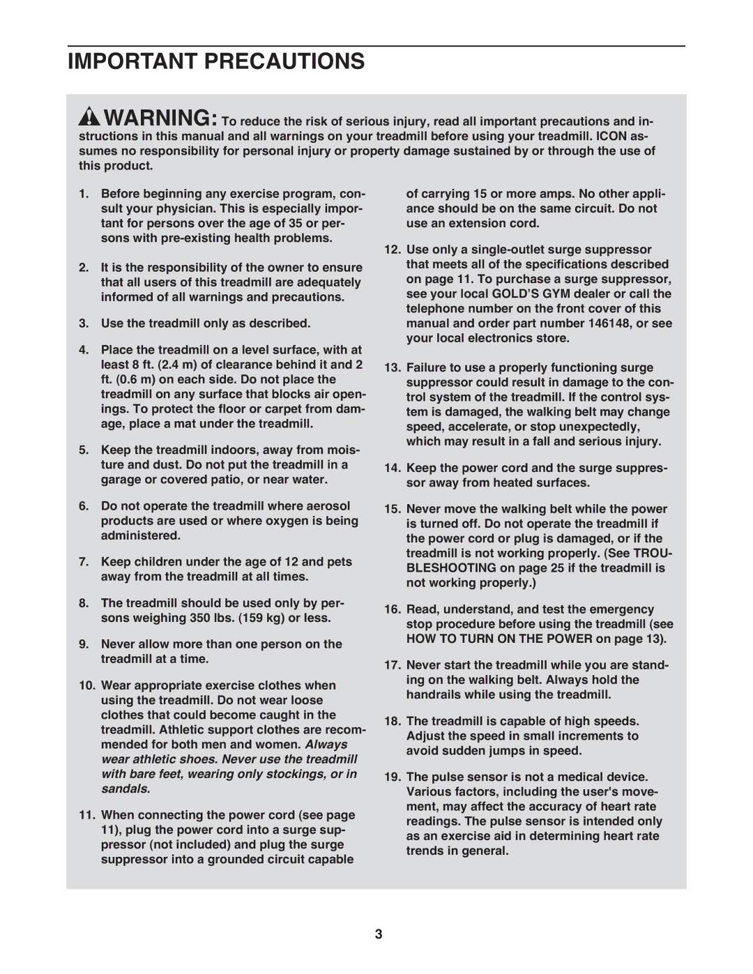 Gold's Gym 650 manual Important Precautions 