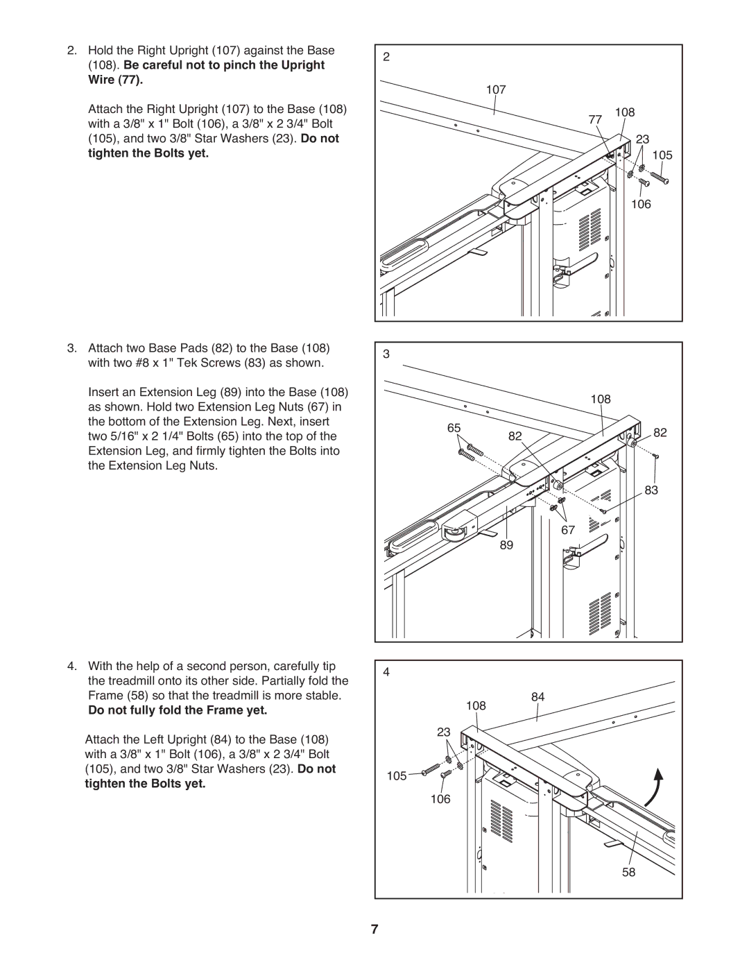 Gold's Gym 650 manual Be careful not to pinch the Upright Wire, Tighten the Bolts yet 