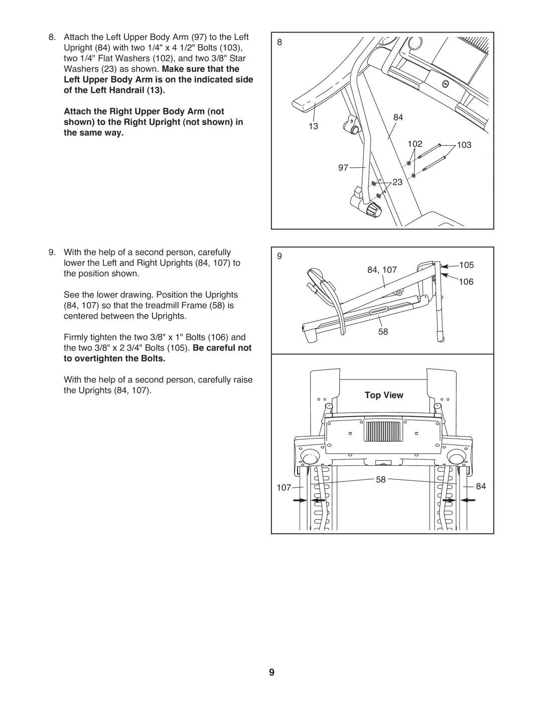 Gold's Gym 650 manual To overtighten the Bolts, Top View 