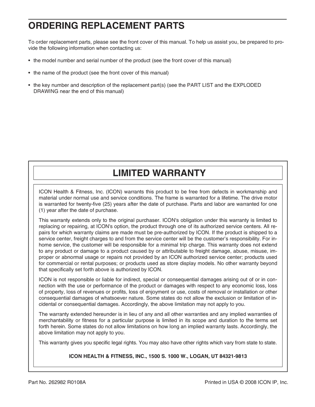 Gold's Gym CWTL05607 manual Ordering Replacement Parts, Limited Warranty, Icon Health & FITNESS, INC., 1500 S W., LOGAN, UT 