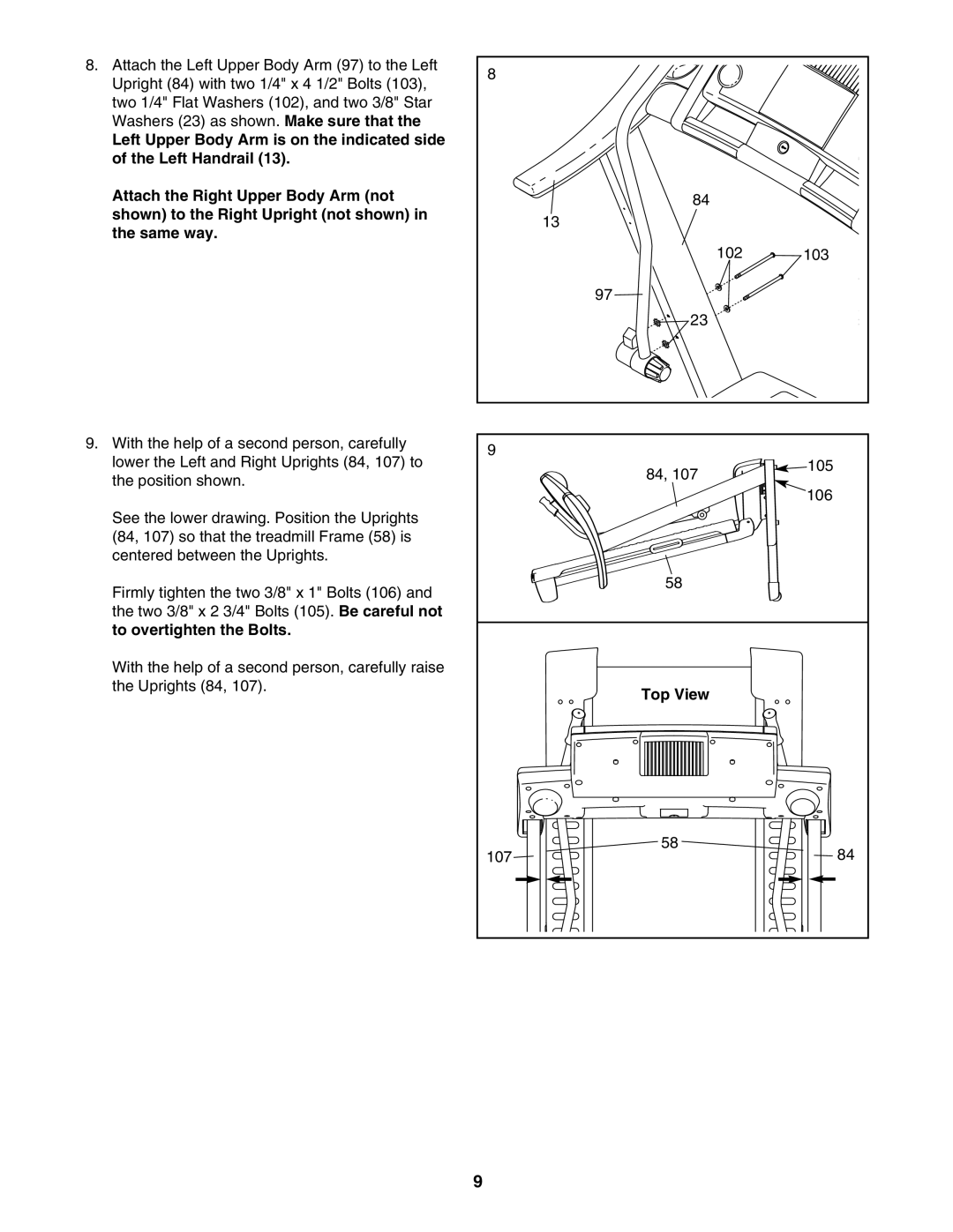 Gold's Gym CWTL05607 manual To overtighten the Bolts, Top View 