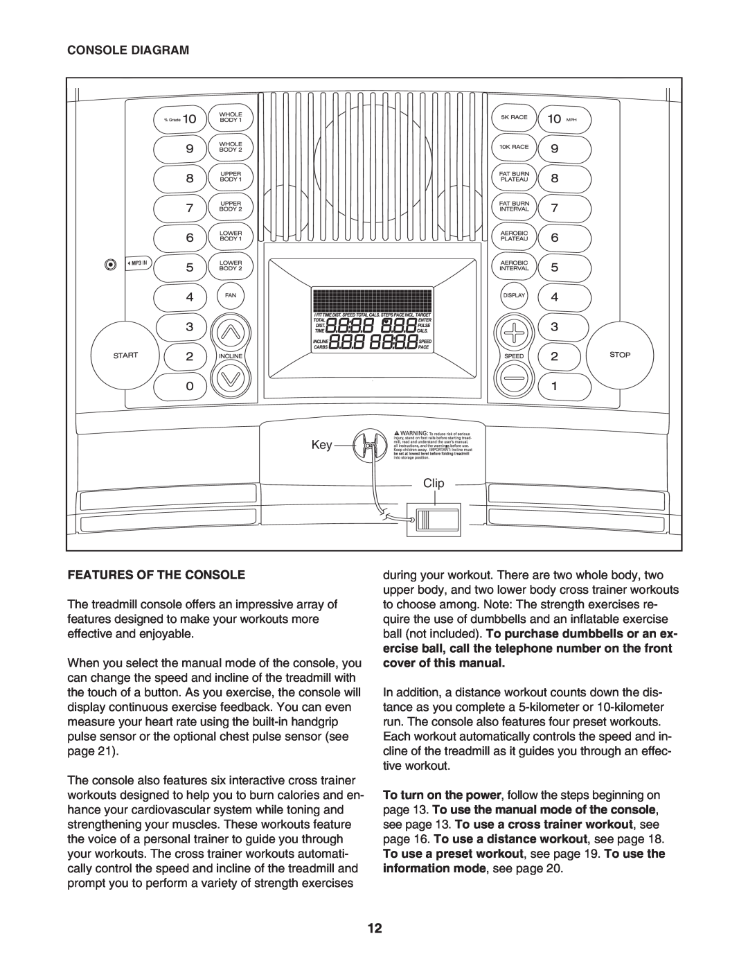 Gold's Gym CWTL05607 manual Console Diagram, Features Of The Console 