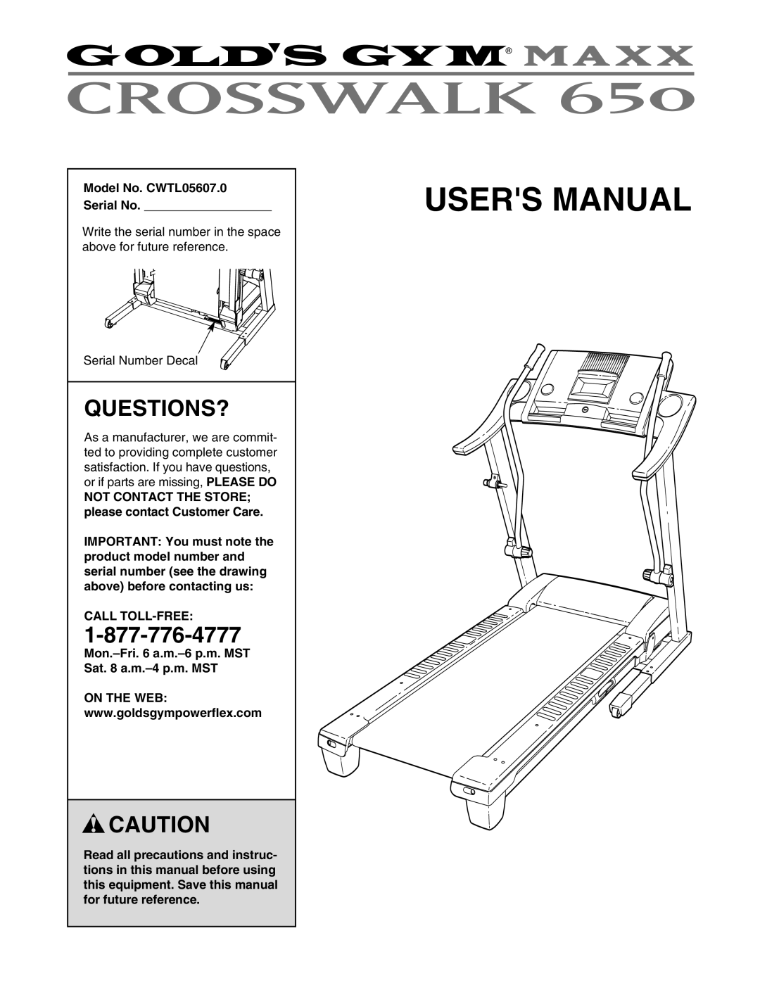 Gold's Gym manual Questions?, Model No. CWTL05607.0 Serial No, Call TOLL-FREE 